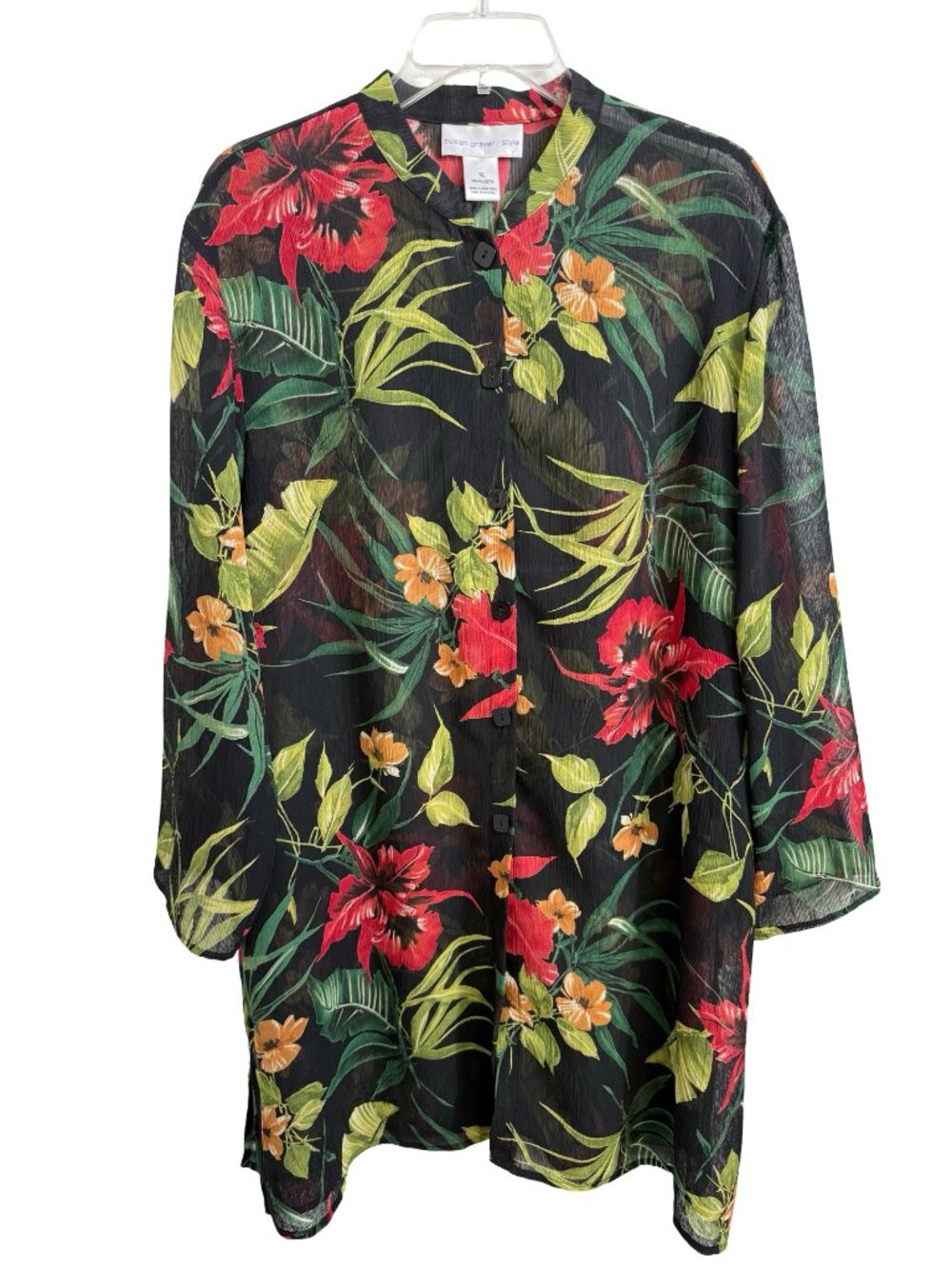 Susan Graver Style Tunic Top XL Green Tropical Sheer Crinkle Button Resort